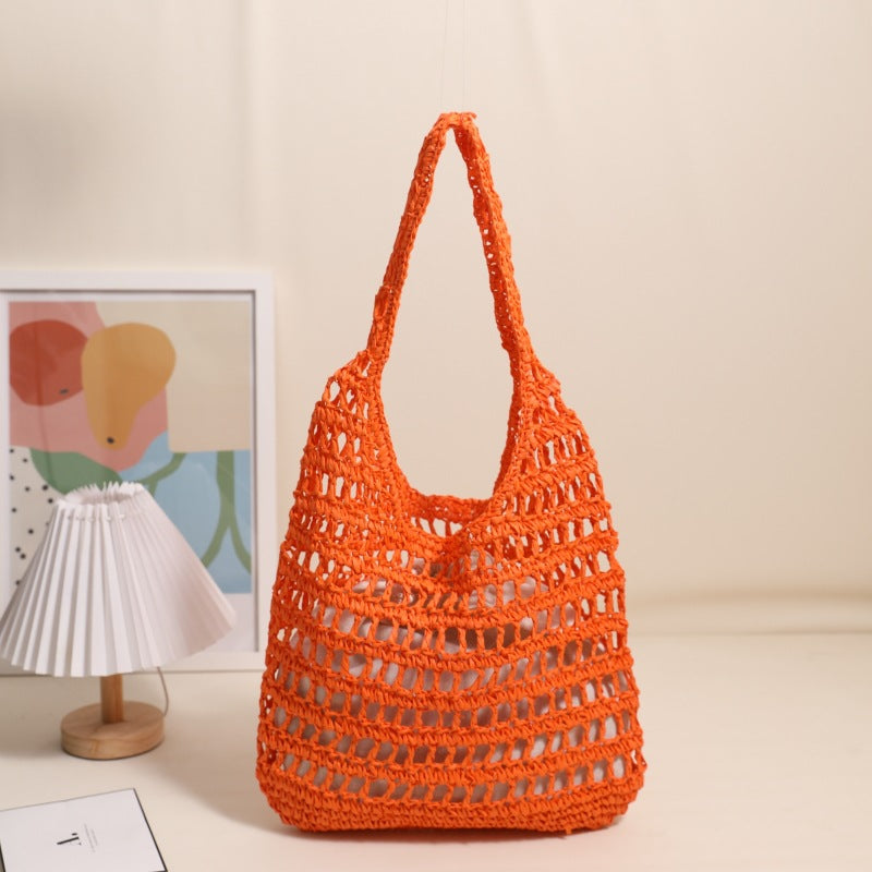 French Large Capacity Shoulder Straw Bag Hollow Out Cutout Tote Portable Straw Bag Woven Bag Seaside Vacation Beach Bag Bella Mia