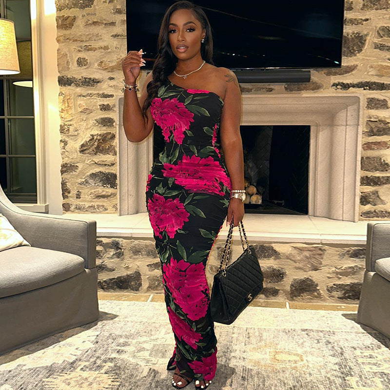 Floral Printed Sexy Oblique Shoulder Sleeveless Pullover Sheath Maxi Dress Women Bella Mia