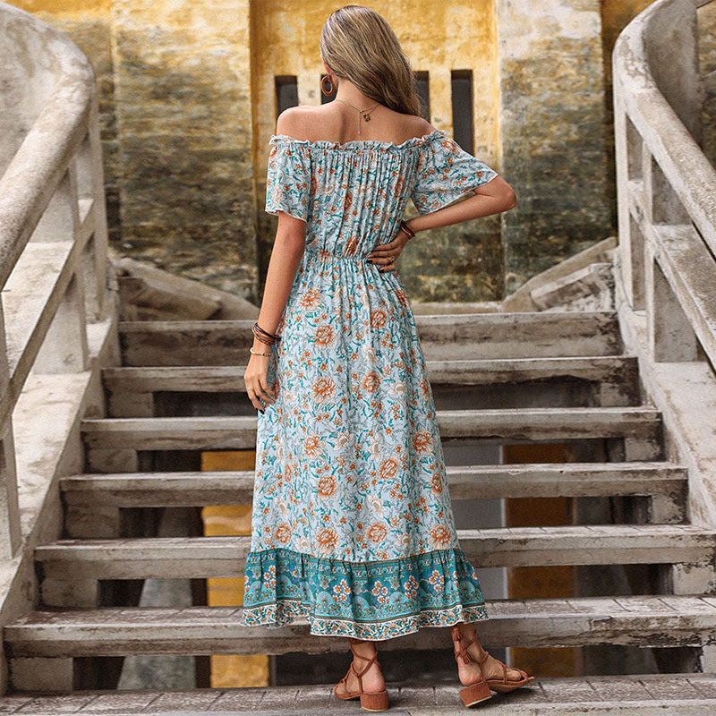Arrival Summer Floral Blue off-Neck French Retro Dress