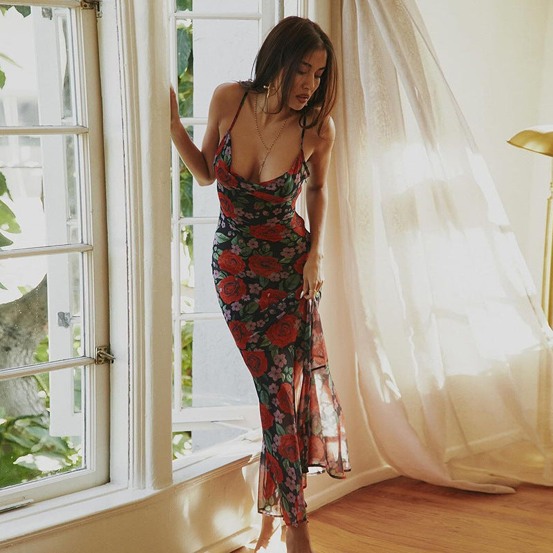 Spring Fashionable Sexy V neck Elegant All Match Slim Fit Long Printed Cami Dress for Women Bella Mia