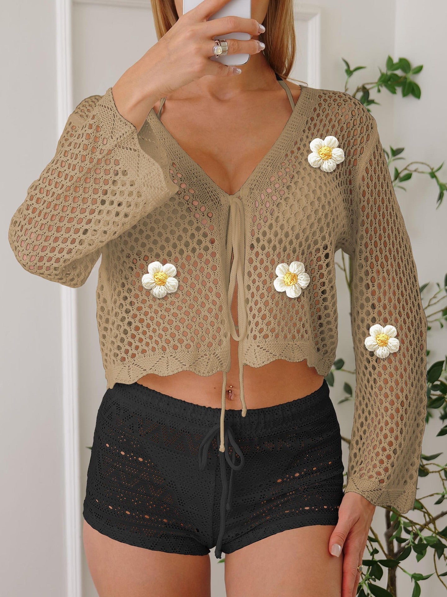 Women Lace up Cardigan Hollow Out Cutout out Woven Shirt Embroidered Floral Stitching Beach Sun Protection Long Sleeved Blouse Casual Coat Bella Mia