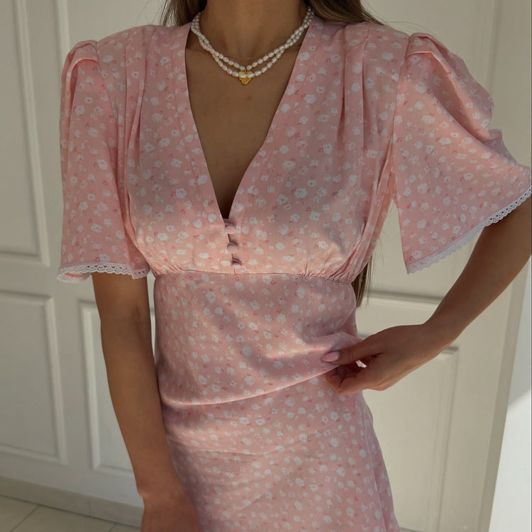 Women Clothing Summer Floral Dress Casual V neck Short Sleeve High Waist Short Dress Bella Mia