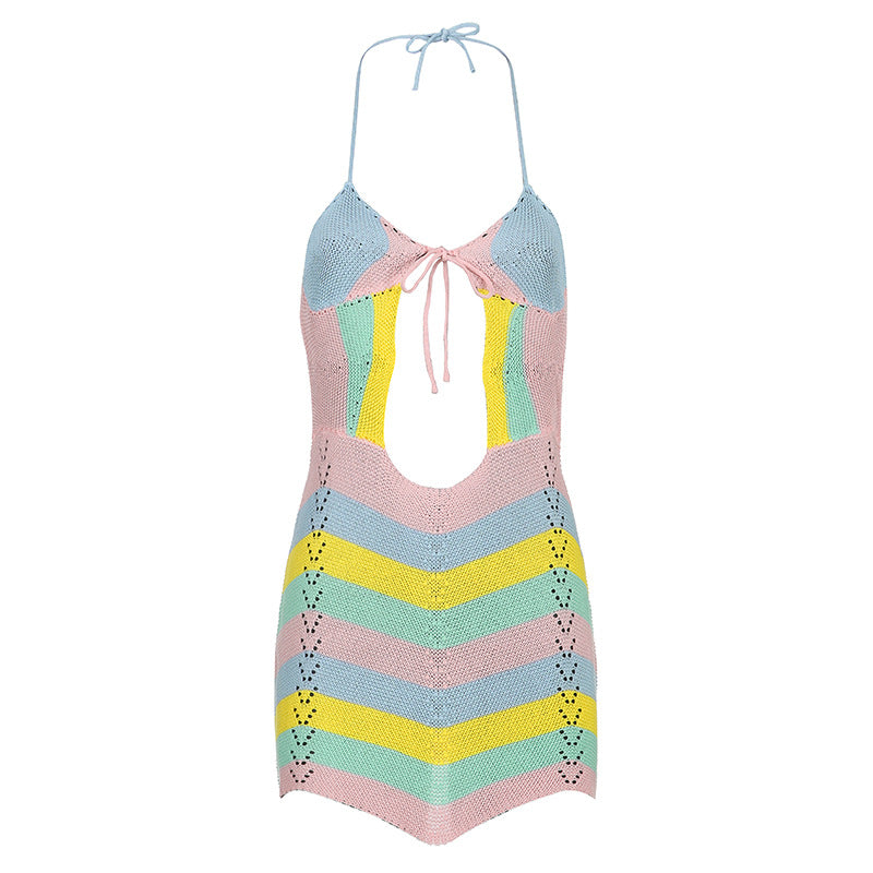 Wave Striped Contrast Color Product Mother Halter Straps Backless Chest Hollow Out Cutout Sexy Woolen Short Dress Women Bella Mia