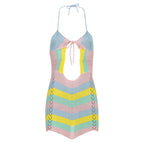 Wave Striped Contrast Color Product Mother Halter Straps Backless Chest Hollow Out Cutout Sexy Woolen Short Dress Women Bella Mia