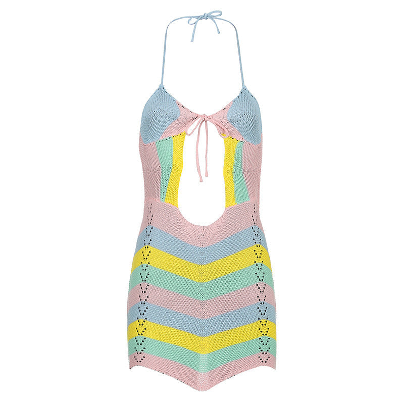 Wave Striped Contrast Color Product Mother Halter Straps Backless Chest Hollow Out Cutout Sexy Woolen Short Dress Women Bella Mia