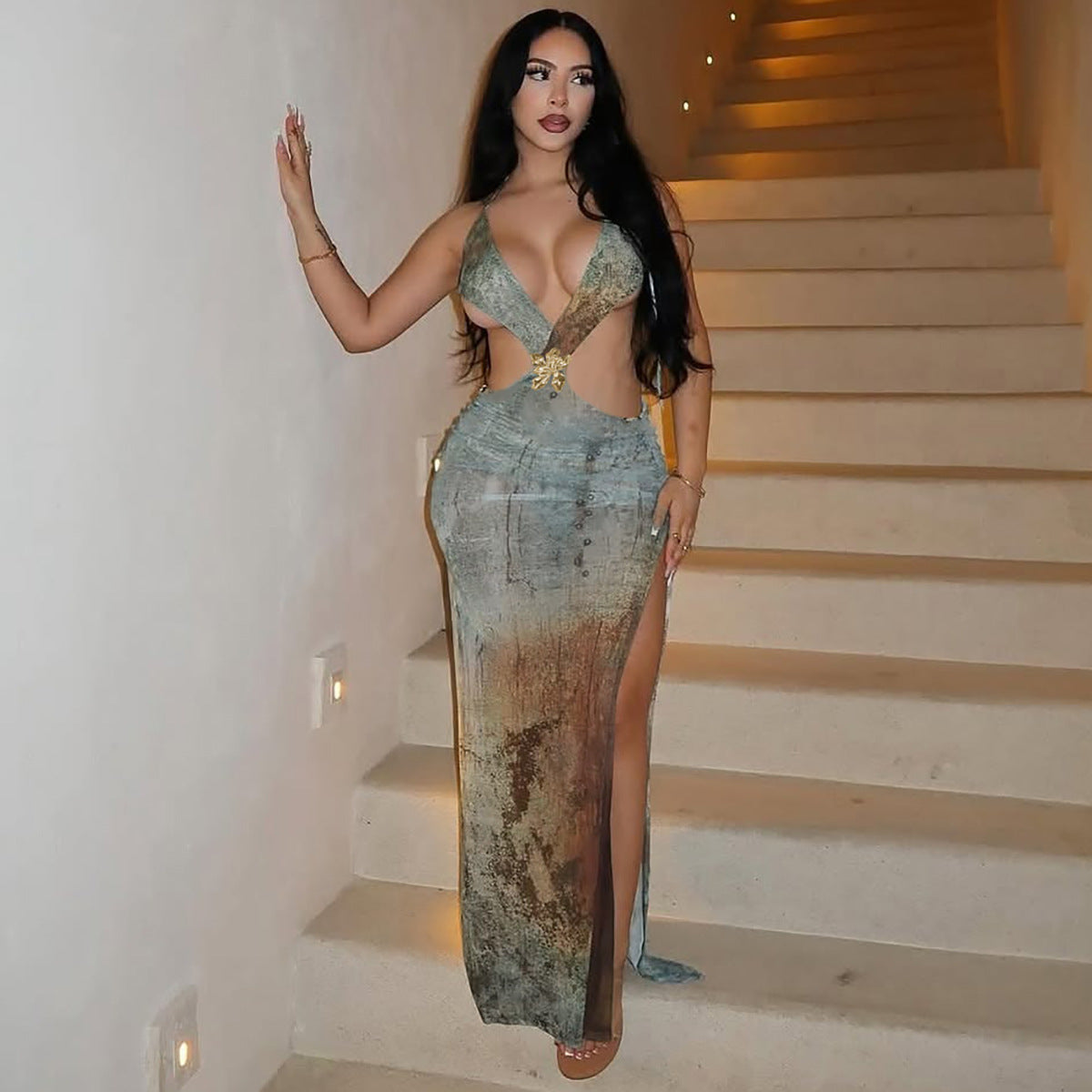 Women Summer Sexy Hollowed Printing Slim Fit Slit Dress Bella Mia