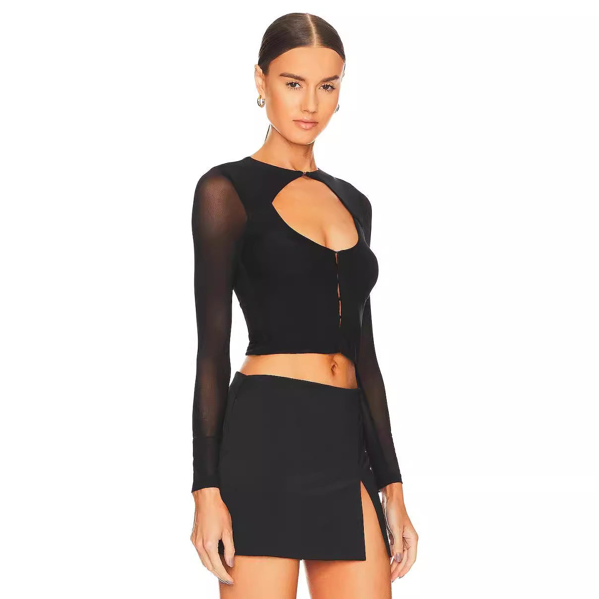 Black Long Sleeve Mesh Design Blouse Women Autumn Slim Fit Cardigan Buckle T shirt Bella Mia