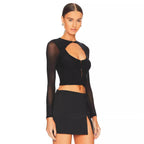 Black Long Sleeve Mesh Design Blouse Women Autumn Slim Fit Cardigan Buckle T shirt Bella Mia