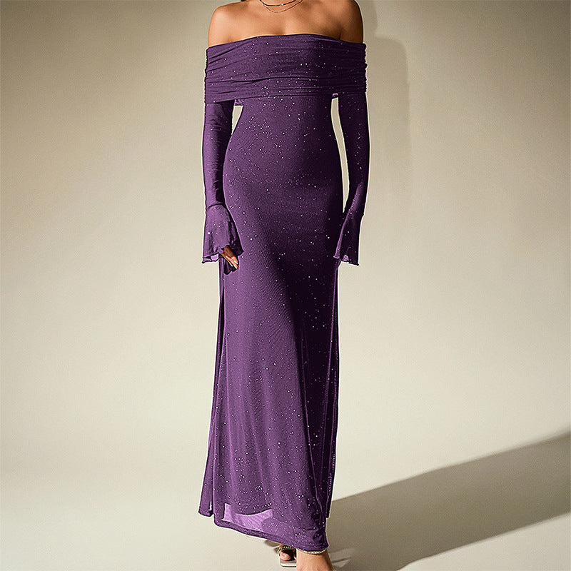 Mesh Silver Square Dress Sexy off Shoulder Flared Long Sleeve Dress Maxi Dress Bella Mia