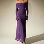Mesh Silver Square Dress Sexy off Shoulder Flared Long Sleeve Dress Maxi Dress Bella Mia