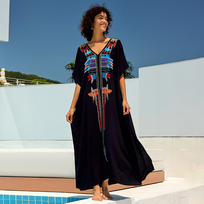 Rayon Embroidered Loose Maxi Dress Beach Jacket Vacation Maxi Dress Beach Cover Up Bella Mia