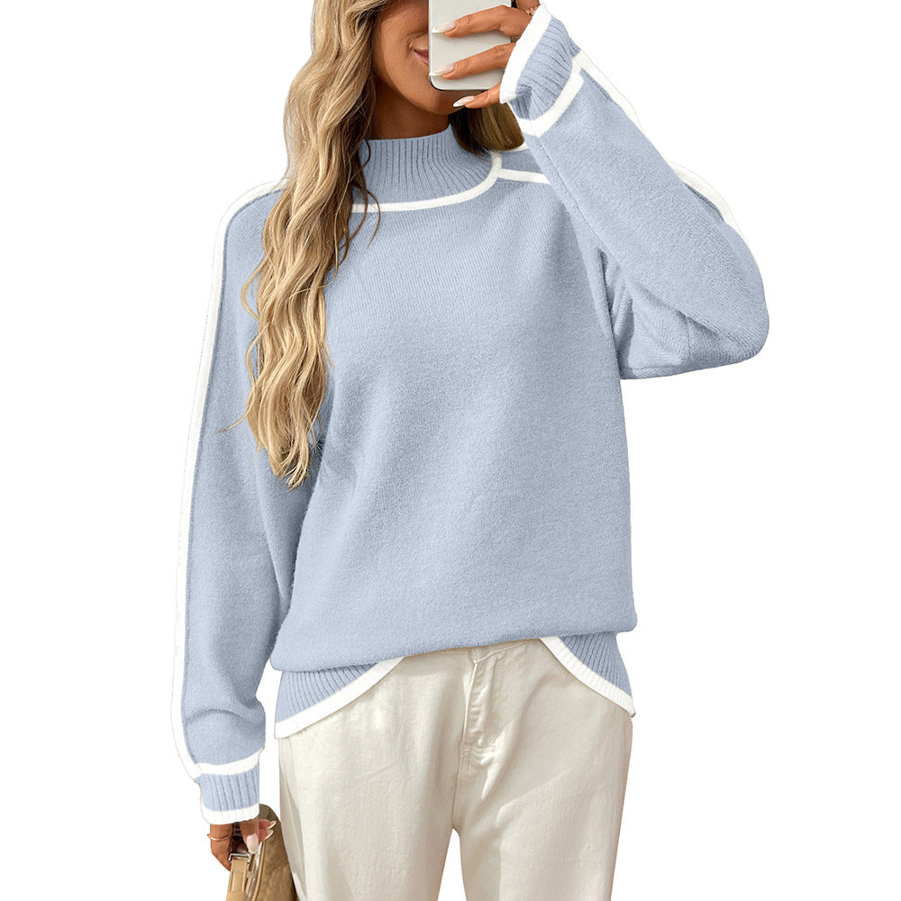 Autumn Winter Season Half Turtleneck Casual Loose Pullover Lazy Contrast Color Sweater Bella Mia