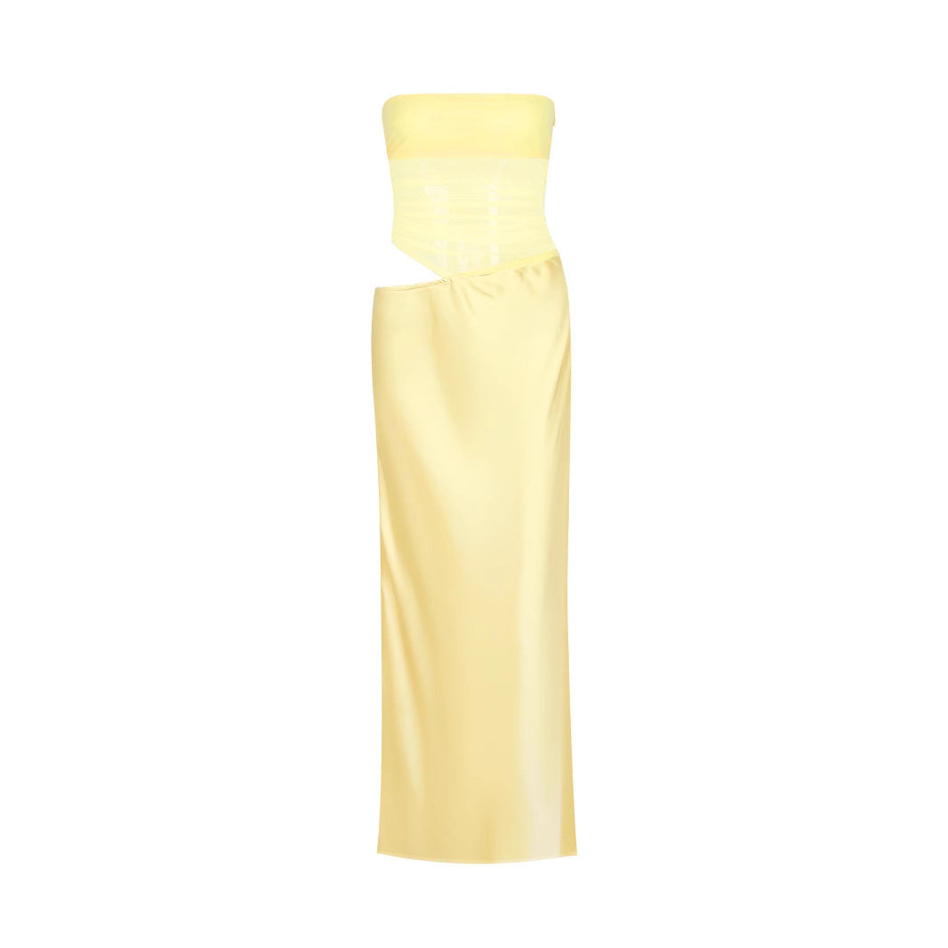 Sexy Tube Top Hollow Out Cutout Backless Yellow Dress French High Grade Satin Dress Sexy Summer Beautiful Dress Bella Mia