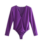 Women Clothing Sexy Four Color Deep V Plunge neck Padded Shoulder Close Fitting Inner Bodysuit Bella Mia