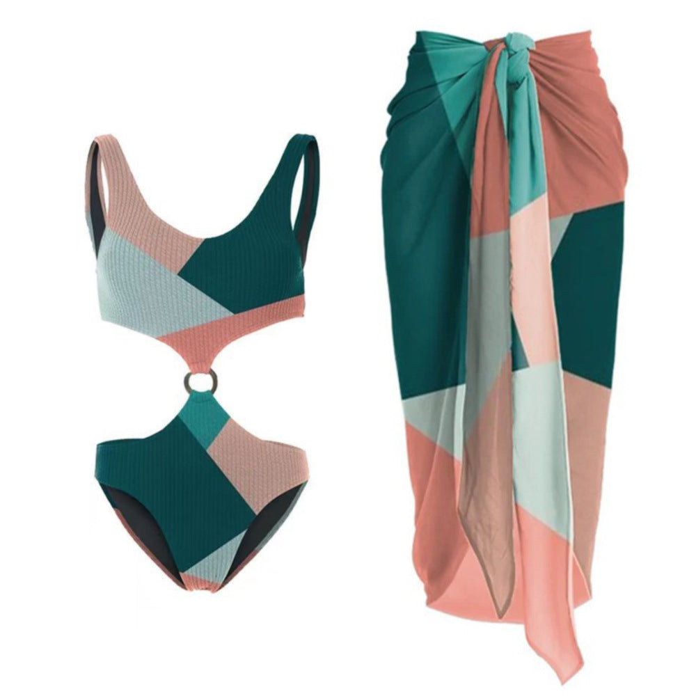 Contrast Color One Piece Bikini Two Piece Set Wishi Mesh Gauze Skirt Vacation Swimwear Bella Mia
