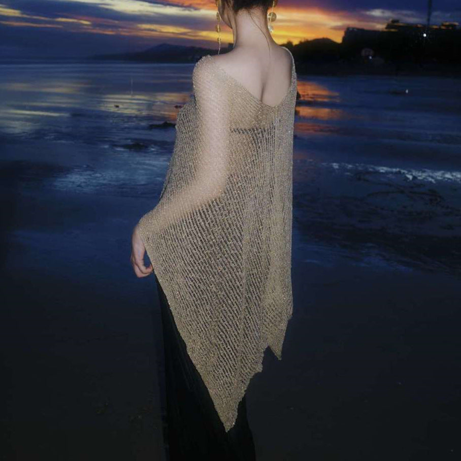 Pure Hollow Out Cutout out Gold Knitted Blouse Bikini Four Piece Suit Elegant Beautiful Vacation Maxi Dress Swimsuit Women Bella Mia