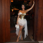 Spring Women Clothing Golden Bright Surface Mesh Stitching Ribbon Sexy Dress Bella Mia