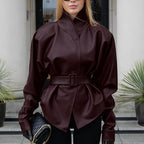 Retro Wine Red Autumn Winter Leather Coat Women Long Sleeve Stand Collar Belt Waist Tight Figure Flattering Leather Jacket Bella Mia