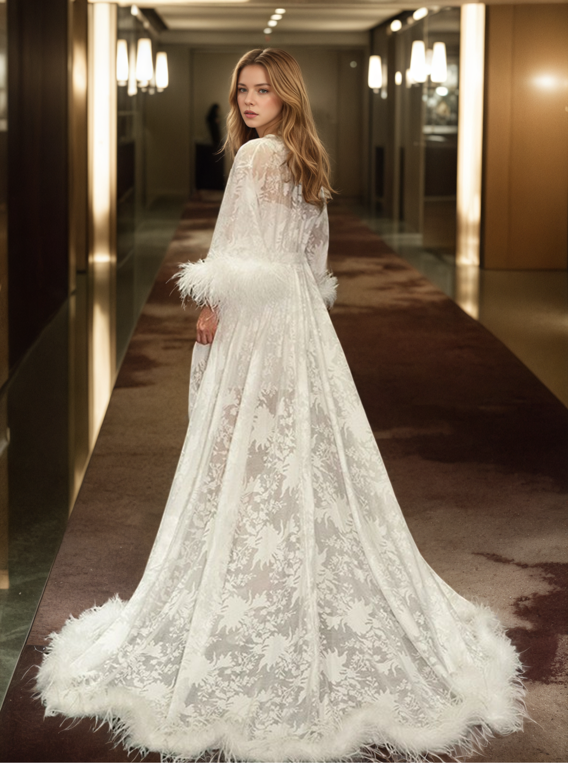 Luxury White Feather Trim Lace Long Robe Dress Set | Bridal Getting Ready & Photoshoot Gown SelenaHuanStudio