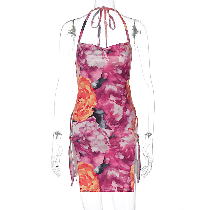 Women Clothing Summer Sexy Lace up Backless Floral Print Slit Dress Bella Mia