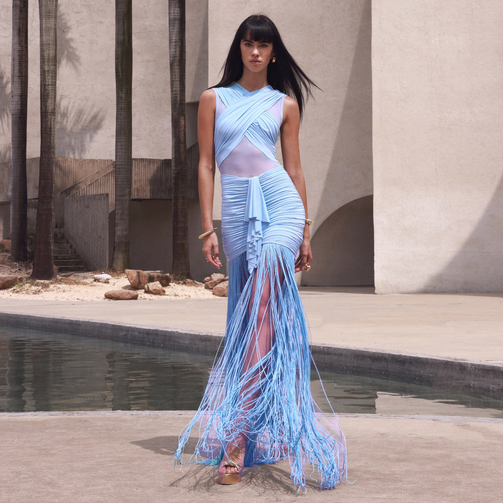 Women Clothing Sexy Solid Color Sling See through Mesh Pleats Cross Dress Vacation Bella Mia