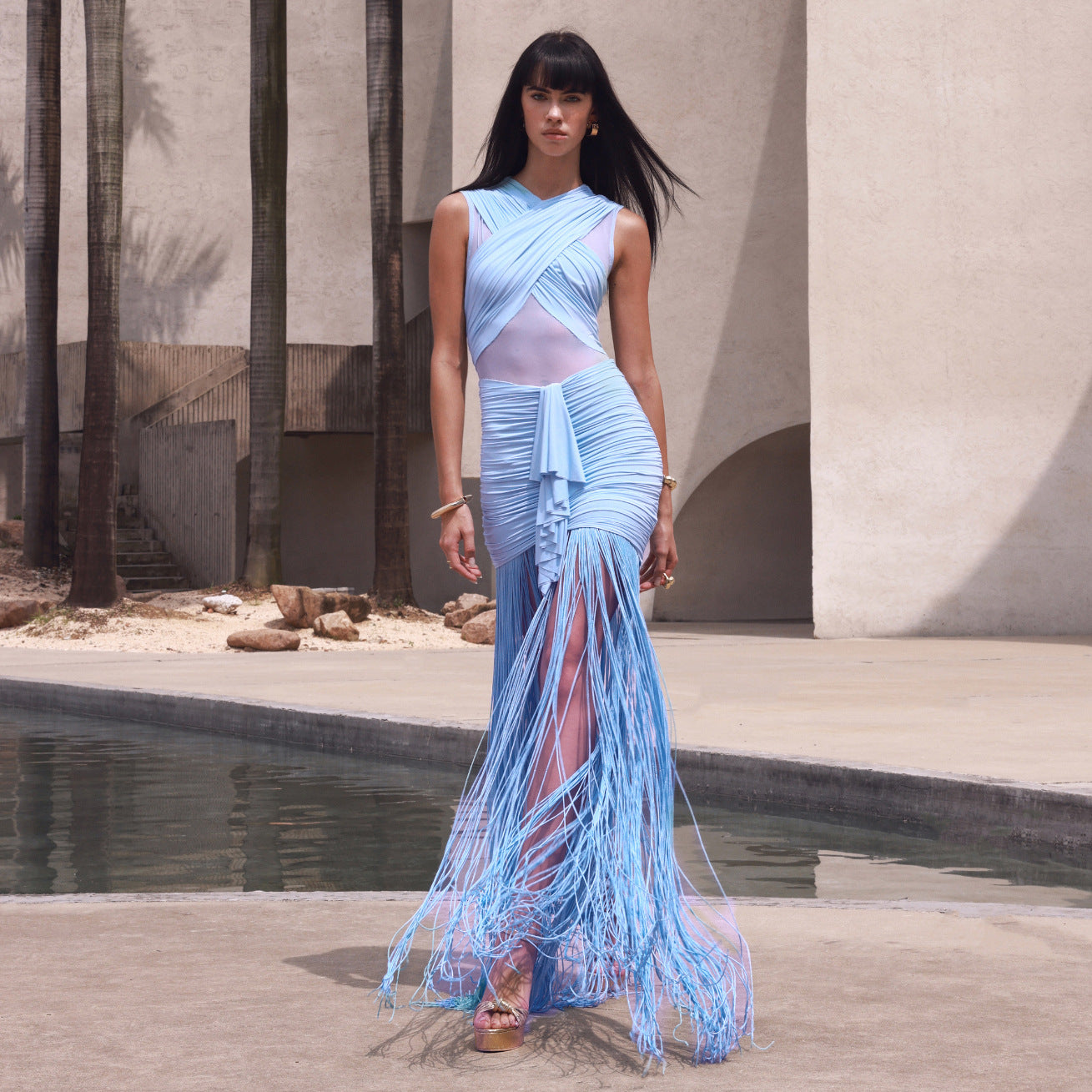 Women Clothing Sexy Solid Color Sling See through Mesh Pleats Cross Dress Vacation Bella Mia