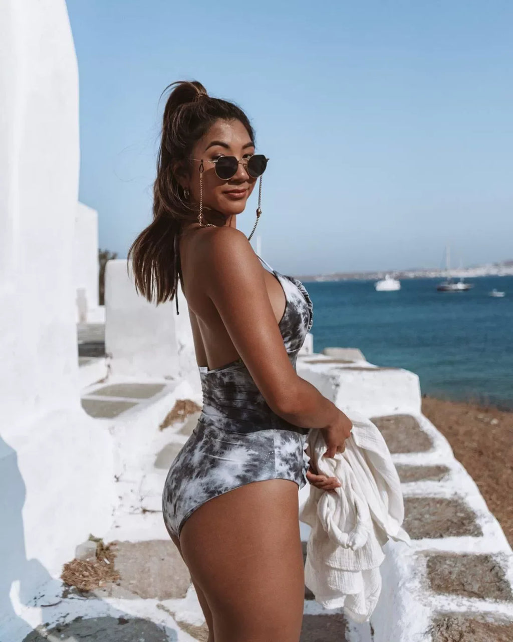 Shoelace Printing and Dyeing Sexy Hot Spring Belly Covering Tight One-Piece Swimsuit for Women LUXLIFE BRANDS