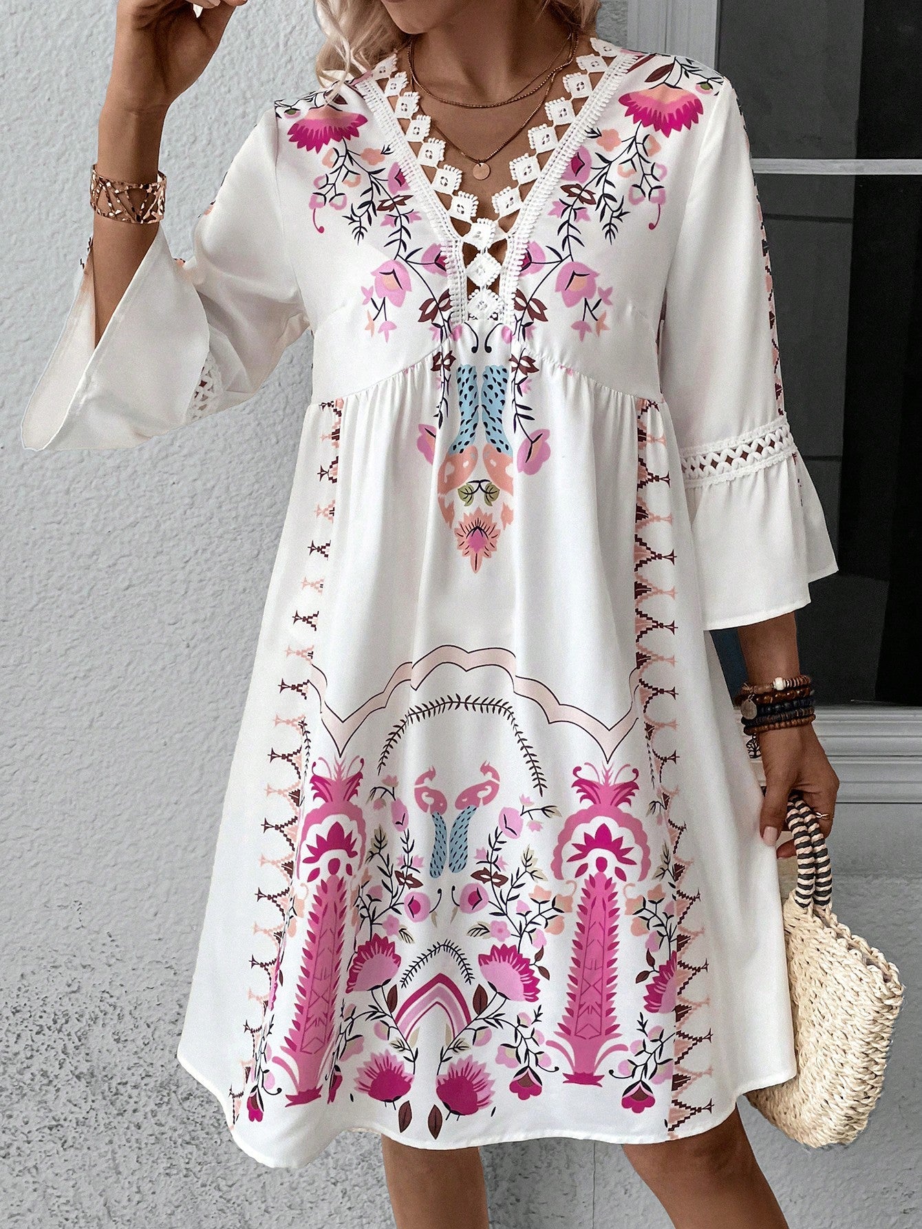 Women Clothing Summer V Neck Lace Stitching Casual All Matching Printed Dress