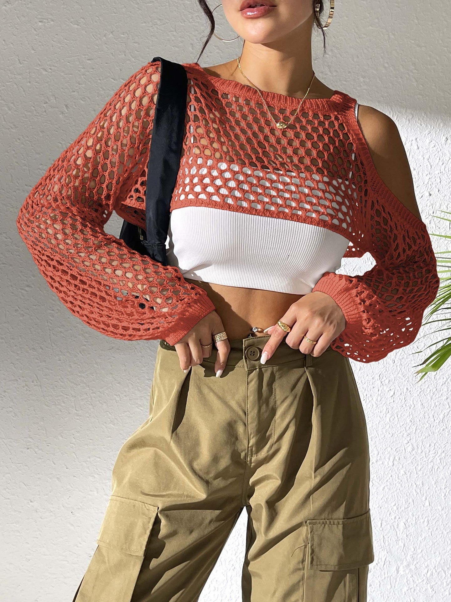 Women Clothing Sexy Cropped Hollow Out Cutout out Woolen Blouse Casual Fashionable Outerwear Bella Mia