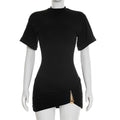 Women Clothing Spring Summer Casual Simple Solid Color Half Collar Metal Decorative Pleated Dress
