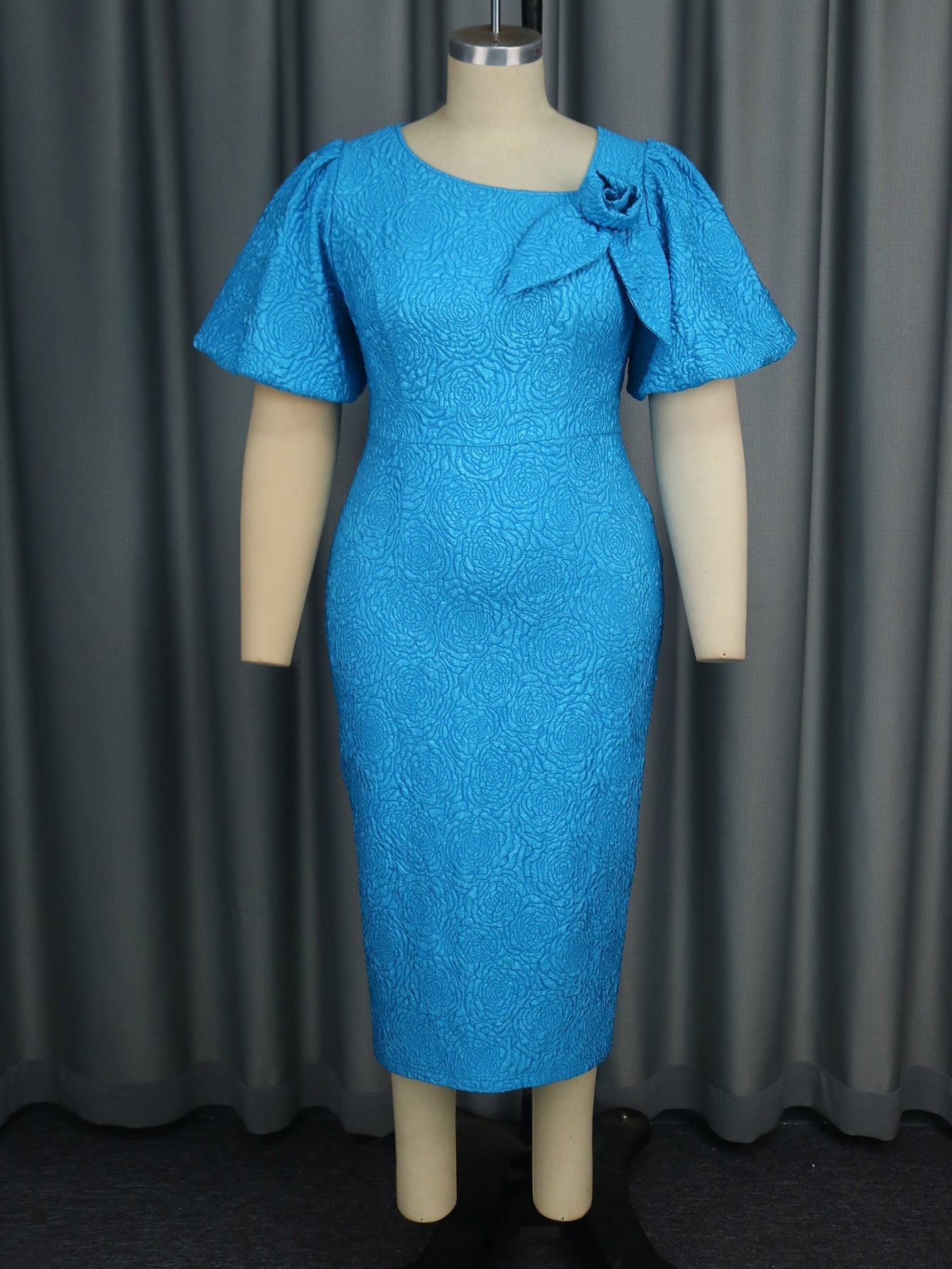 Personality Asymmetric Collar Puff Sleeve Dress Cocktail Elegant Jacquard High Waisted Dress Bella Mia