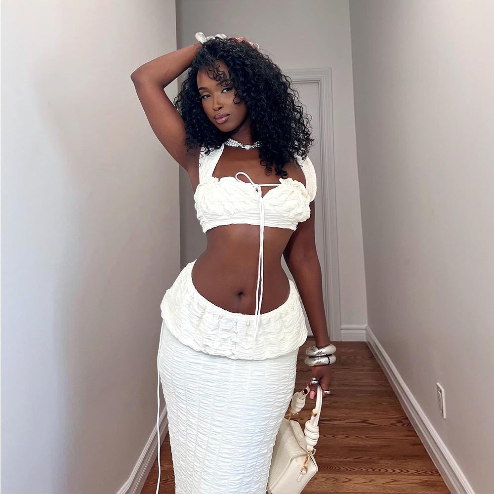 Women Clothing Autumn Lace up Cropped Pleated Sexy Skirt Set Bella Mia