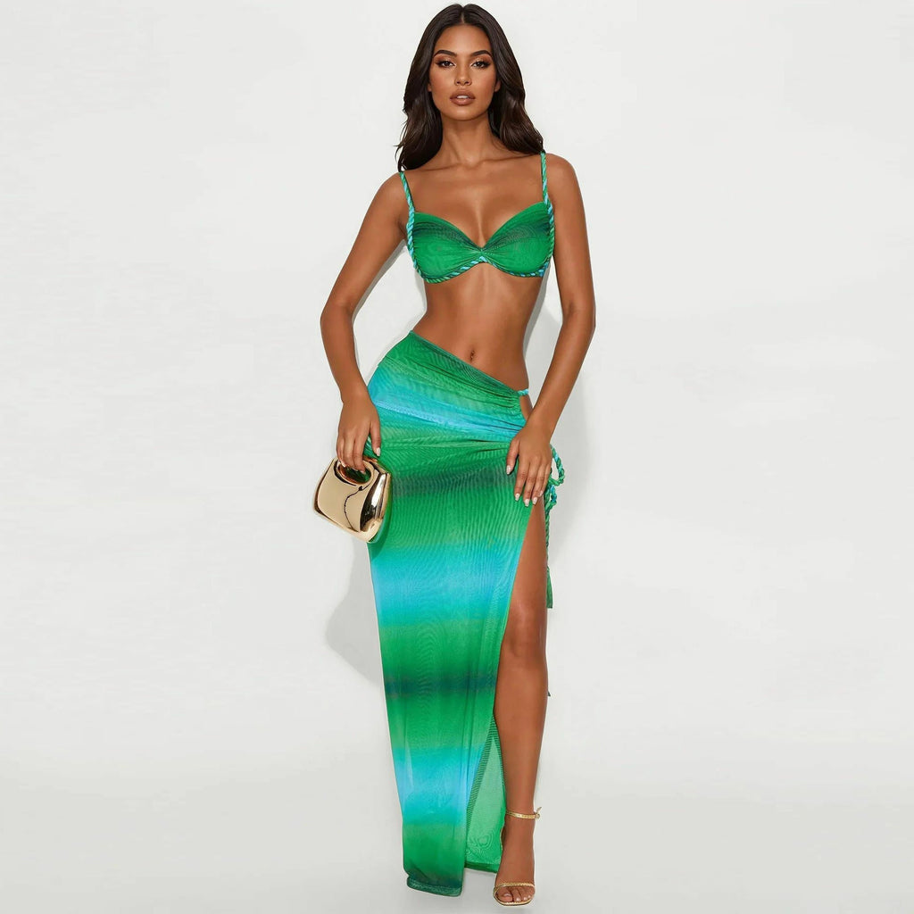 Summer Sexy Beach Vacation Swimsuit Woven Halter Top Top Split Skirt Set Bella Mia