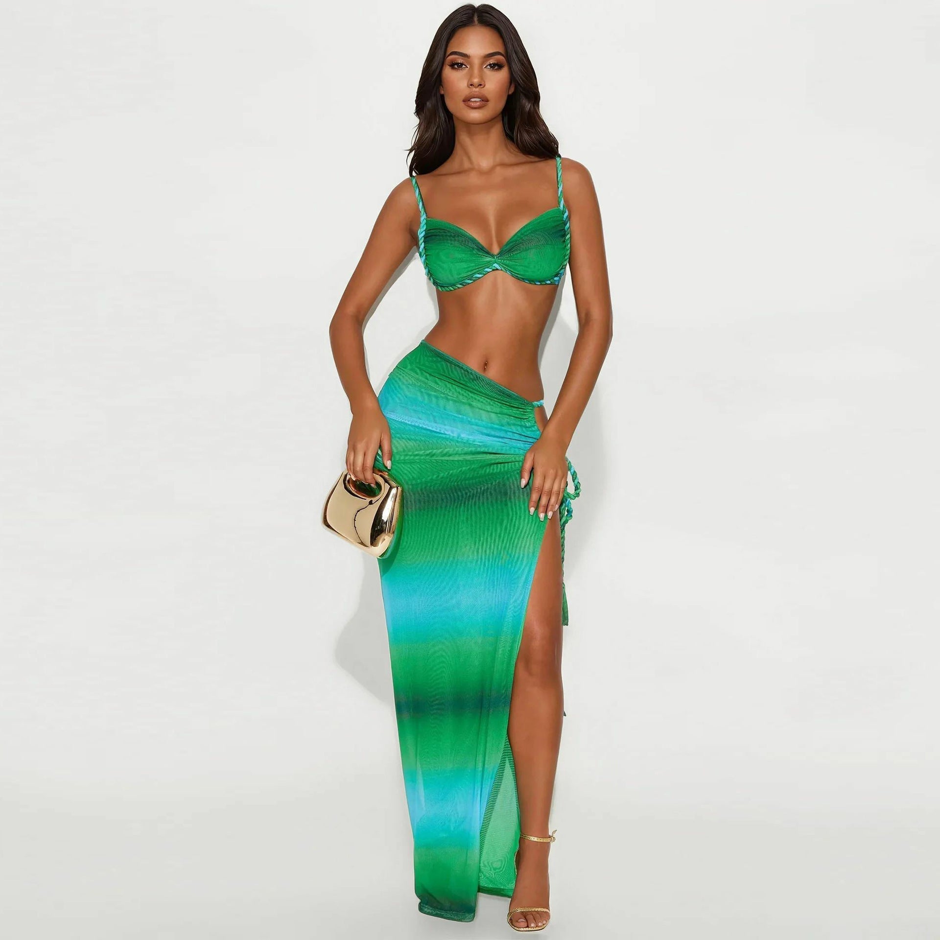 Summer Sexy Beach Vacation Swimsuit Woven Halter Top Top Split Skirt Set Bella Mia