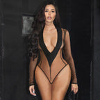 Women Clothing V neck Sexy Sheer Mesh Long Sleeve Jumpsuit Bella Mia