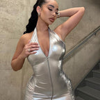 Women Summer Solid Color Pleated Sexy Halter Zipper Slim Fit Sheath Dress Women Bella Mia