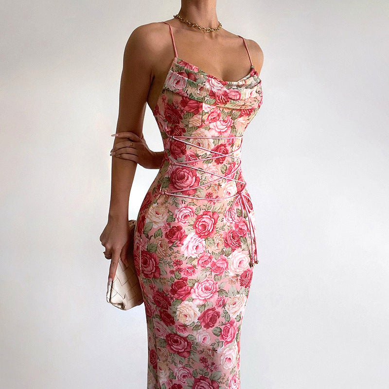 Spring Waist Controlled Long Spaghetti Strap Floral Print Slim Fit Lace up Dress Bella Mia