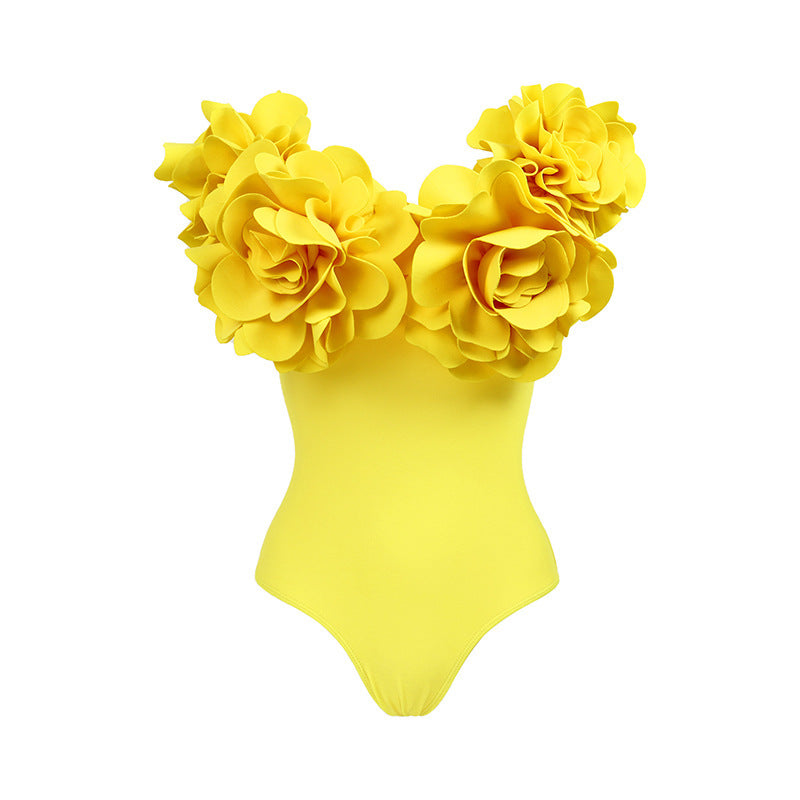 Solid Color Swimsuit Yellow One Piece Swimsuit Women Three Dimensional Floral Skirt Set Swimsuit Bella Mia