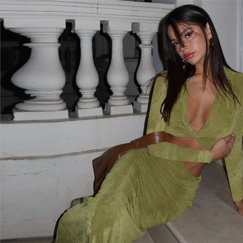 Autumn Winter Women Clothing Sexy Deep V Plunge neck Solid Color Slim Fit Sheath Long Sleeve Dress Women Bella Mia