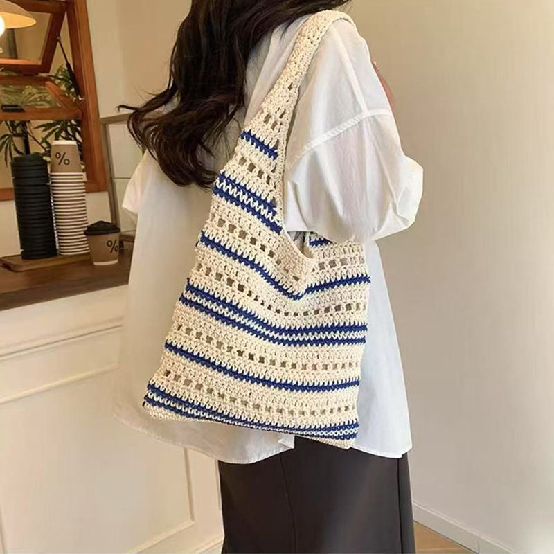 Striped Single Shoulder Cotton Thread Woven Bag Large Capacity Hollow Out Cutout Straw Bag Seaside Vacation Beach Bag