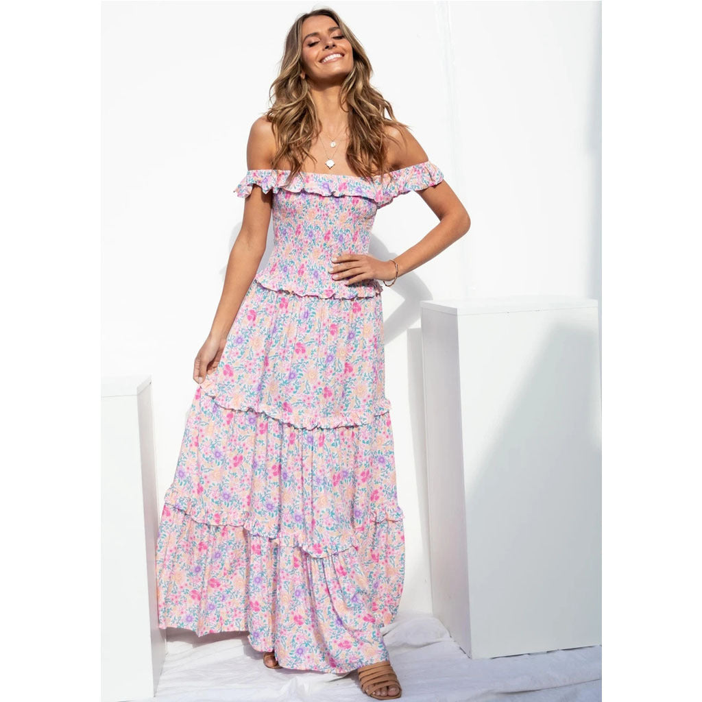 Small Floral Print Fresh Sweet Smocking Chest Wrapped Dress Bella Mia