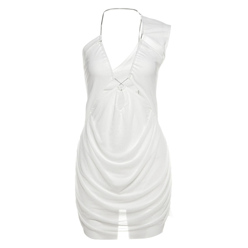 Summer Women Clothing Sexy Solid Color Hollow Out Cutout One Shoulder V neck Short Dress Bella Mia