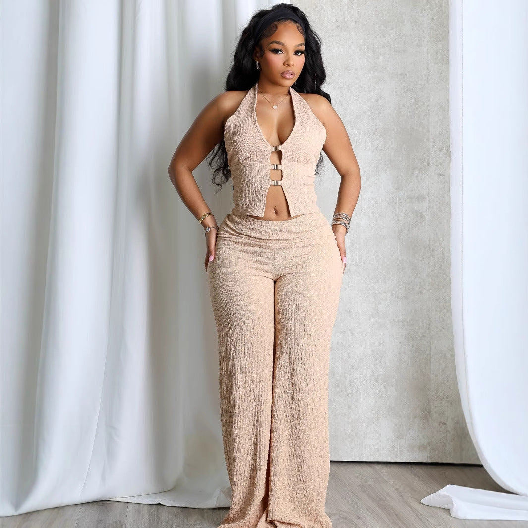 Summer Halter Sleeveless Backless V neck Tube Top Breasted Sexy Two Piece Sets