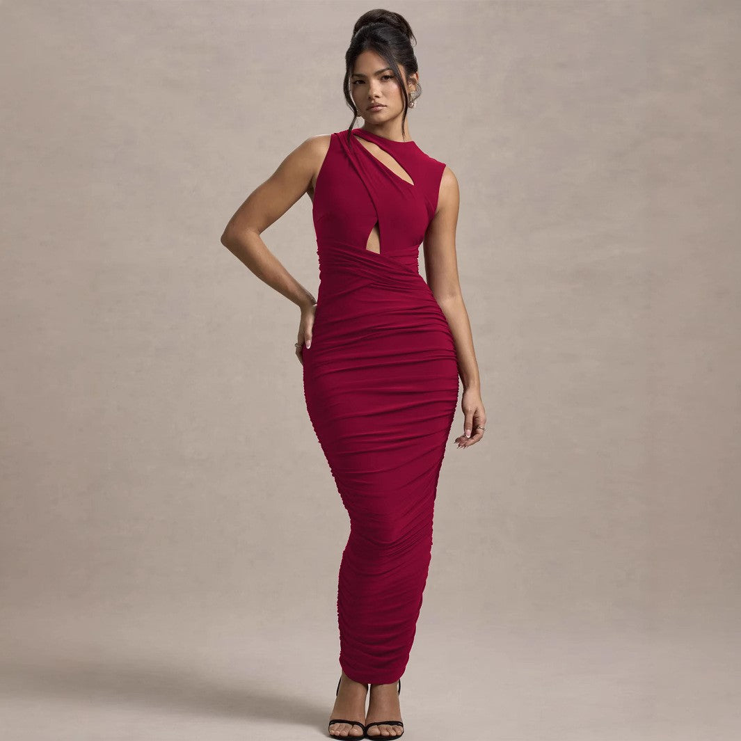 Autumn Winter Women Clothing Elegant Pleated Slim Sleeveless round Neck Sheath Dress Bella Mia