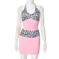 Women Clothing Spring Summer Lace up Halter Deep V Plunge neck Leopard Print Stitching Pleated Sheath Dress Bella Mia