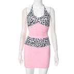 Women Clothing Spring Summer Lace up Halter Deep V Plunge neck Leopard Print Stitching Pleated Sheath Dress Bella Mia