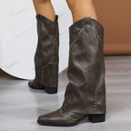 Retro Rivet High Top Western Cowboy Boot Women Long Mid Heel Pointed Toe Slip on Knight Boots Long Boots Bella Mia