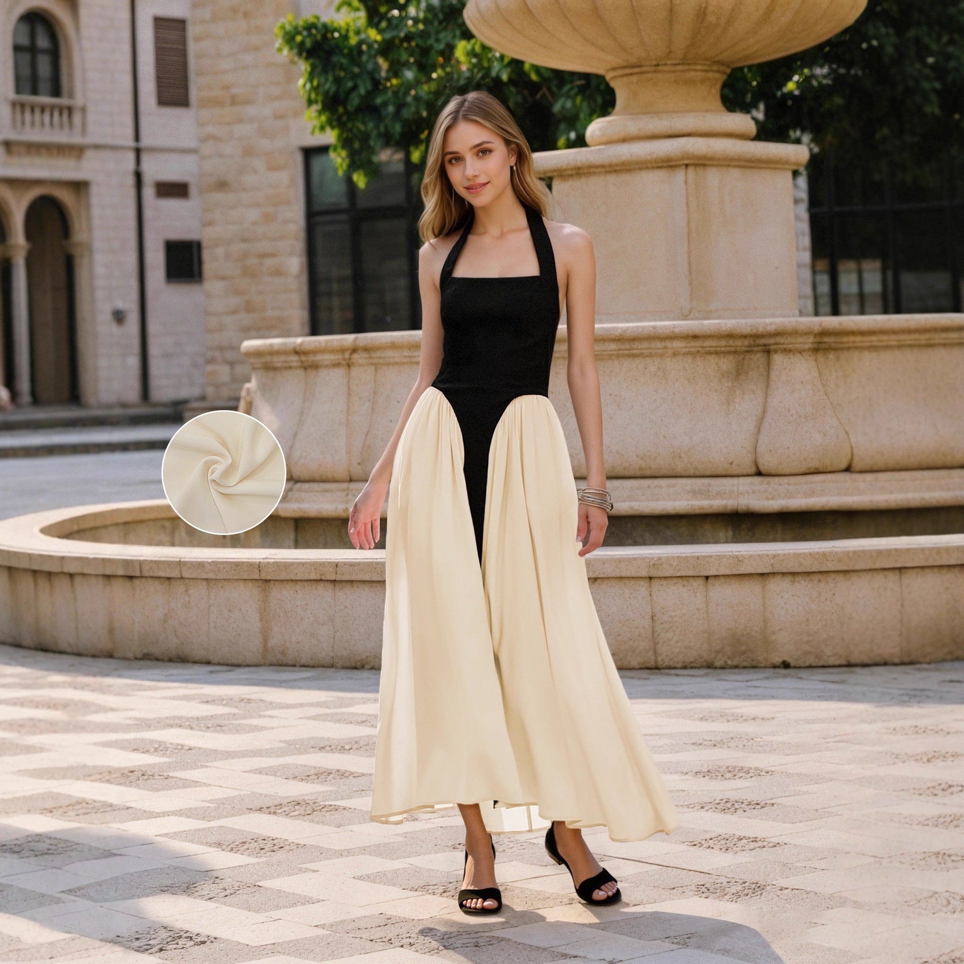 Socialite Elegant Women Dress Slim Fit Black White Stitching Sleeveless Halter Backless Maxi Dress off Neck Dress Bella Mia
