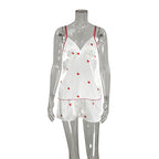 Spring Homewear Heart Printing Suspender Shorts Sexy Two Piece Set Satin Women Pajamas Bella Mia