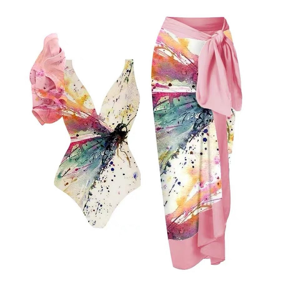 Printing One Piece Women Swimwear Suit European, French Retro Cover Belly Slimming Swimsuit Bella Mia